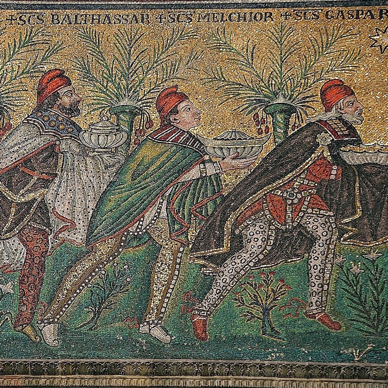 The Three Magi, Byzantine mosaic c. 565, Basilica of Sant'Apollinare Nuovo, Ravenna, Italy (restored during the 18th century). As here Byzantine art usually depicts the Magi in Persian clothing which includes breeches, capes and Phrygian caps. The Three Magi, Byzantine mosaic c. 565, Basilica of Sant'Apollinare Nuovo, Ravenna, Italy (restored during the 18th century). As here Byzantine art usually depicts the Magi in Persian clothing which includes breeches, capes and Phrygian caps.