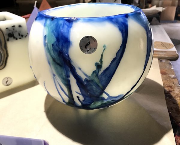 Cobalt and Teal feature on this newly finished lantern in the artist's workshop. Photo: Integrity Candles