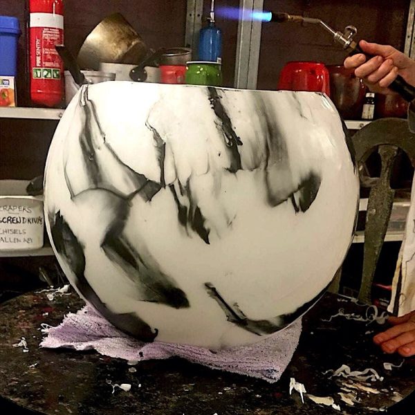 Ebony on Ivory Grand Cauldron lantern in the studio after the colouring stage has been completed. Photo By Linda Saul.