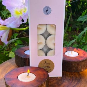 Frangipanni and Ylang-ylang scented tea-light cups burn brightly for eight hours each. Presented in a 10 pack windowed gift-box.