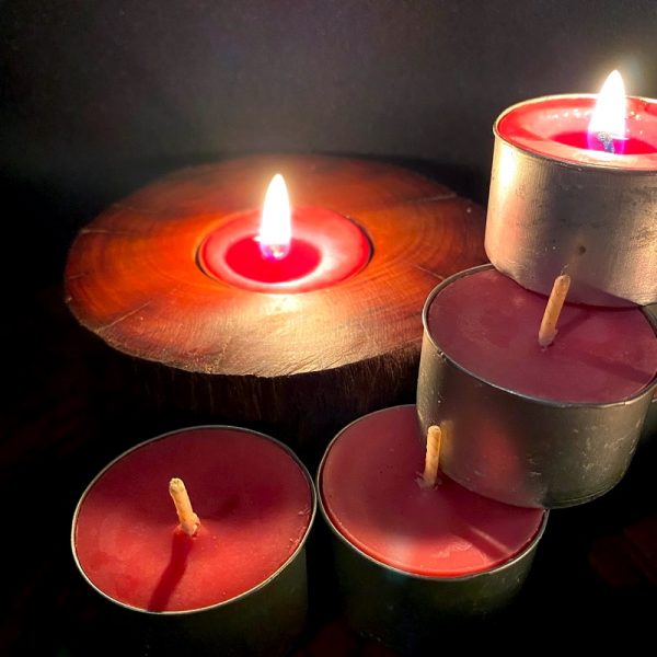 Each scented tea-light cup burns brightly for eight hours. Each scented tea-light cup burns brightly for eight hours.