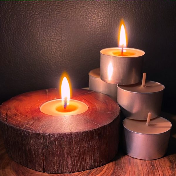 Each scented tea-light cup burns brightly for eight hours.