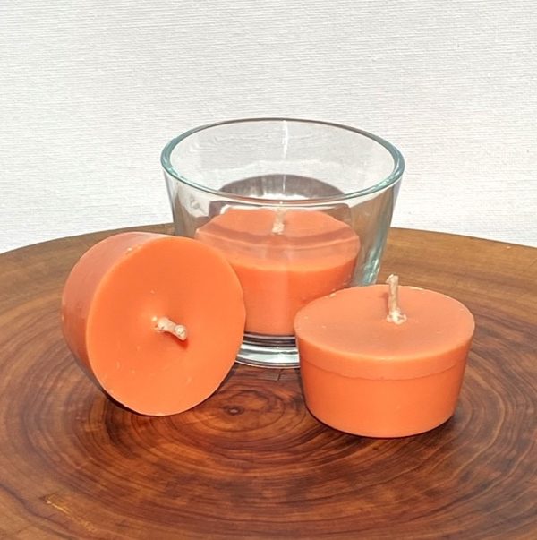 Three Sweet Orange, Ginger, Cinnamon & Vanilla pure soy Votives, with one glass, burn brightly for a total of 24 hours with a warm, spicy aroma.