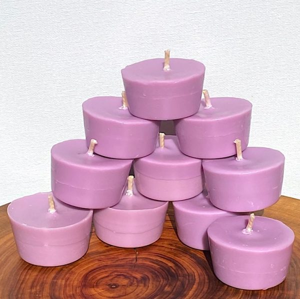 Ten Relaxation Blend pure soy Votives burn brightly for a total of 80 hours.