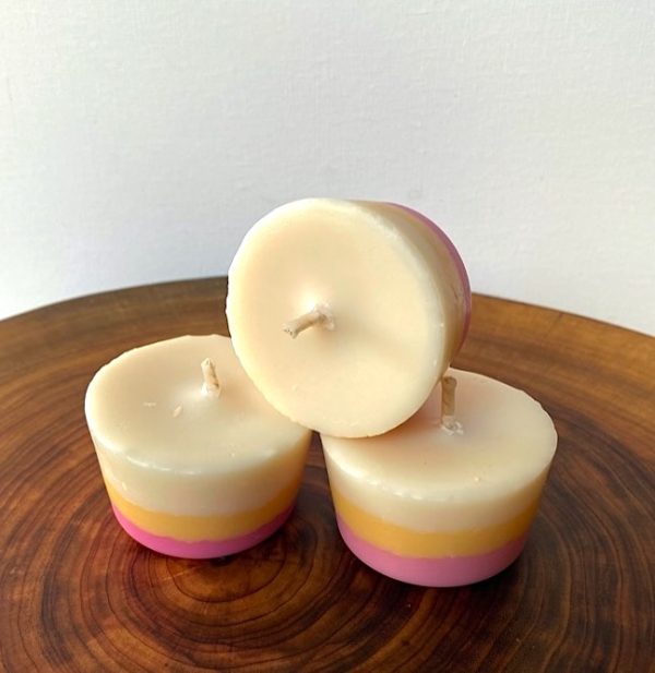 Three Frangipani & Ylang Ylang pure soy Votives burn brightly for a total of 24 hours with a delightfully playful and sweet aroma.
