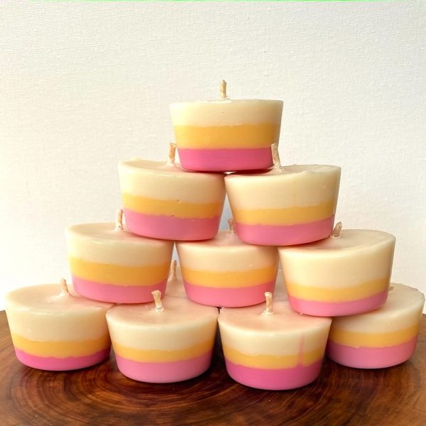 Ten Frangipani & Ylang Ylang pure soy Votives burn brightly for a total of 80 hours with a delightfully playful and sweet aroma.