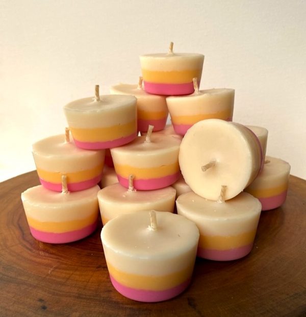 Twenty Frangipani & Ylang Ylang pure soy Votives burn brightly for a total of 160 hours with a delightfully playful and sweet aroma.
