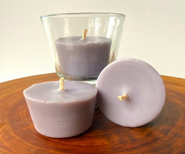 Three Lavender & Vanilla pure soy Votives, with one glass, burn brightly for a total of 24 hours with a lavish, calming aroma.