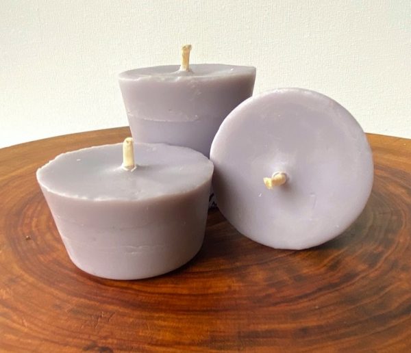 Three Lavender & Vanilla pure soy Votives, with one glass, burn brightly for a total of 24 hours with a lavish, calming aroma.