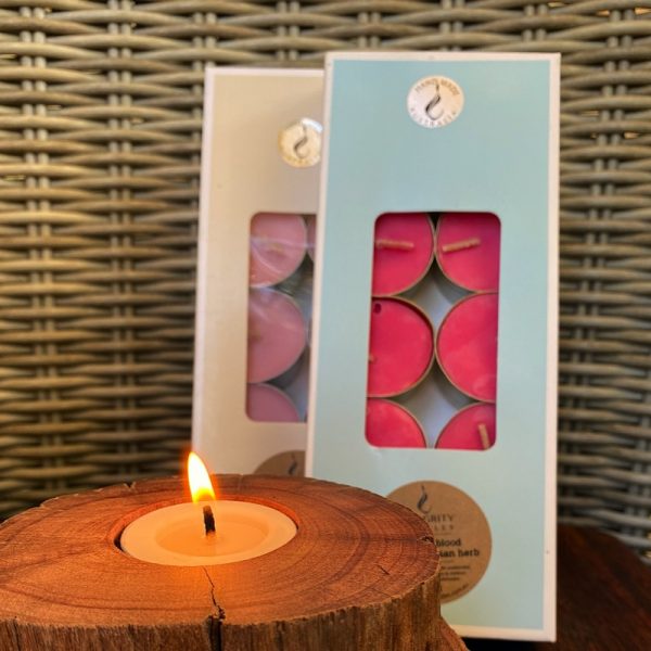 Two gift-boxed 10-packs of Pure Soy Tea-lights. Eleven essential oil fragrances available.