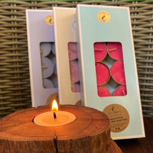 Three gift-boxed 10-packs of Pure Soy Tea-lights. Eleven essential oil fragrances available.