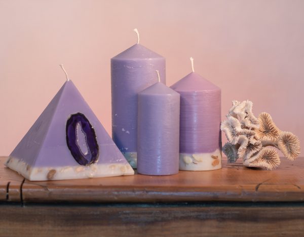 Pillar Candles and Pyramid Candles are colour-coded and scent-matched throughout the range.